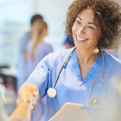 proud nurse handshaking